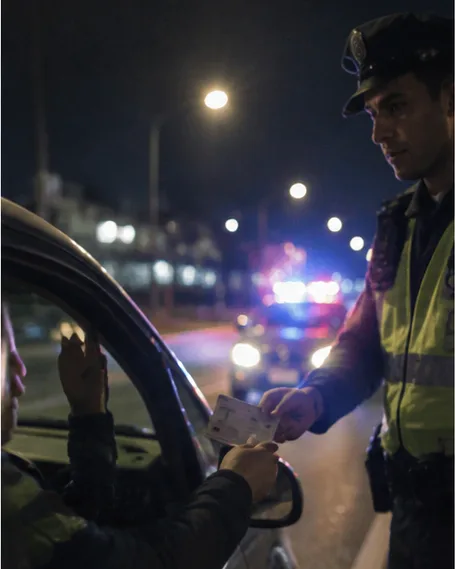 Driver stopped at a police checkpoint at night, with an officer approaching the car