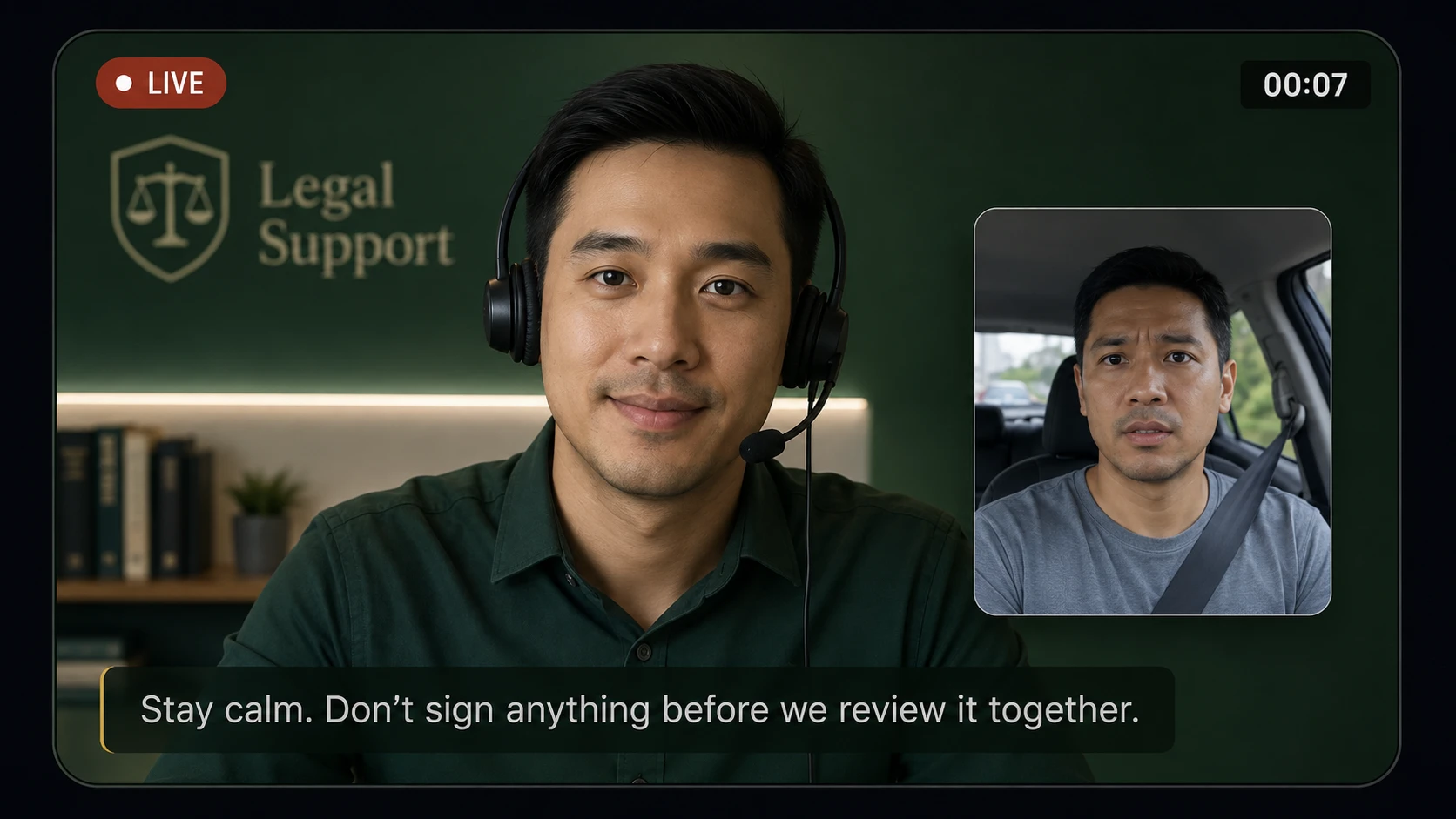 Rearguard assistant on a live video call with a driver inside his car
